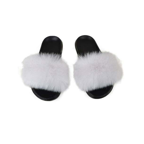 Womens Real Fur Slides Fuzzy Furry Slippers Sliders Slip On Sandals Casual Shoes